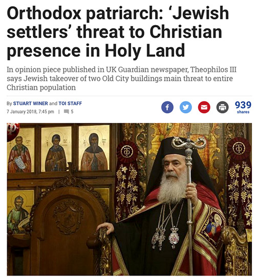 Orthodox patriarch says Jewish settlers are a threat to Christian presence in the holy land.