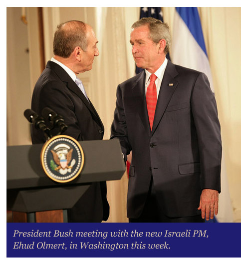 Ehud Olmert meet with President Bush in Washington.